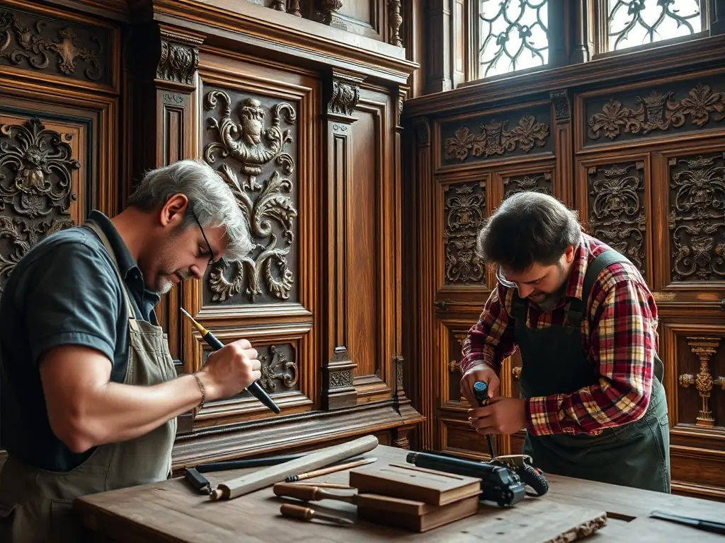 A high-resolution photograph of volunteers carefully restoring ornate woodwork inside the Château de Blosset, with period-accurate tools and materials, highlighting the craftsmanship and dedication involved in heritage preservation.