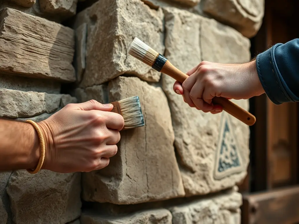 A dynamic photo of researchers and volunteers conducting a scientific restoration project on the château’s façade, using specialized tools and documentation equipment.