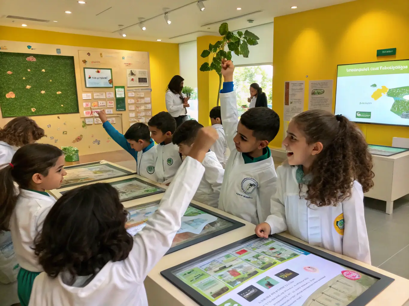 A detailed image of children and adults participating in a hands-on educational workshop at Château de Blosset, with historical artifacts and interactive learning materials on display.