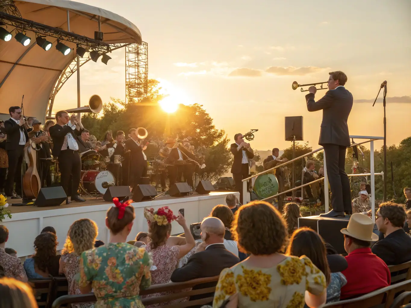A vibrant image of a summer outdoor concert in the château gardens, with musicians performing on a small stage, guests seated on the lawn, and the château illuminated in the background, capturing the festive atmosphere of a cultural event.
