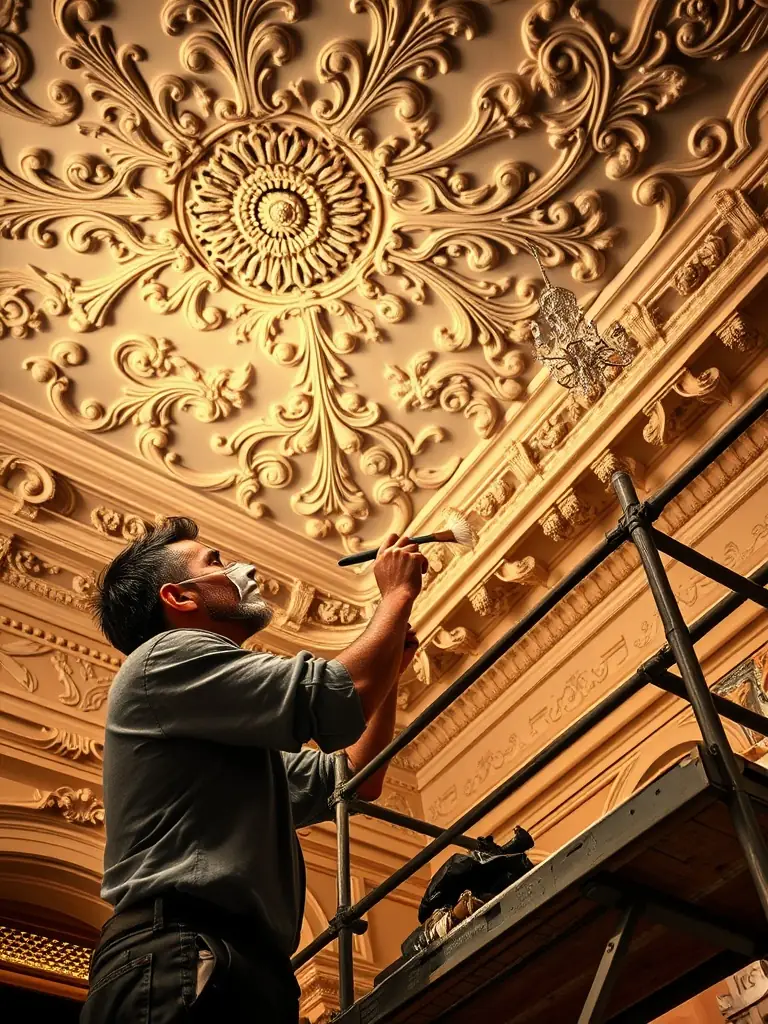 A skilled artisan carefully restoring intricate 18th-century woodwork inside the Château de Blosset, with period tools and architectural details visible.