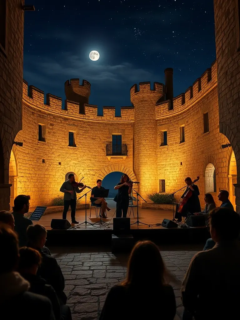 A lively outdoor concert with musicians performing in front of the château, surrounded by an audience enjoying the cultural event.