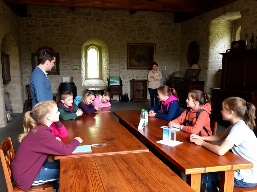 A candid photo of children and adults participating in an educational workshop inside a historic room, with hands-on activities such as calligraphy, period costume demonstrations, and interactive history lessons led by passionate guides.