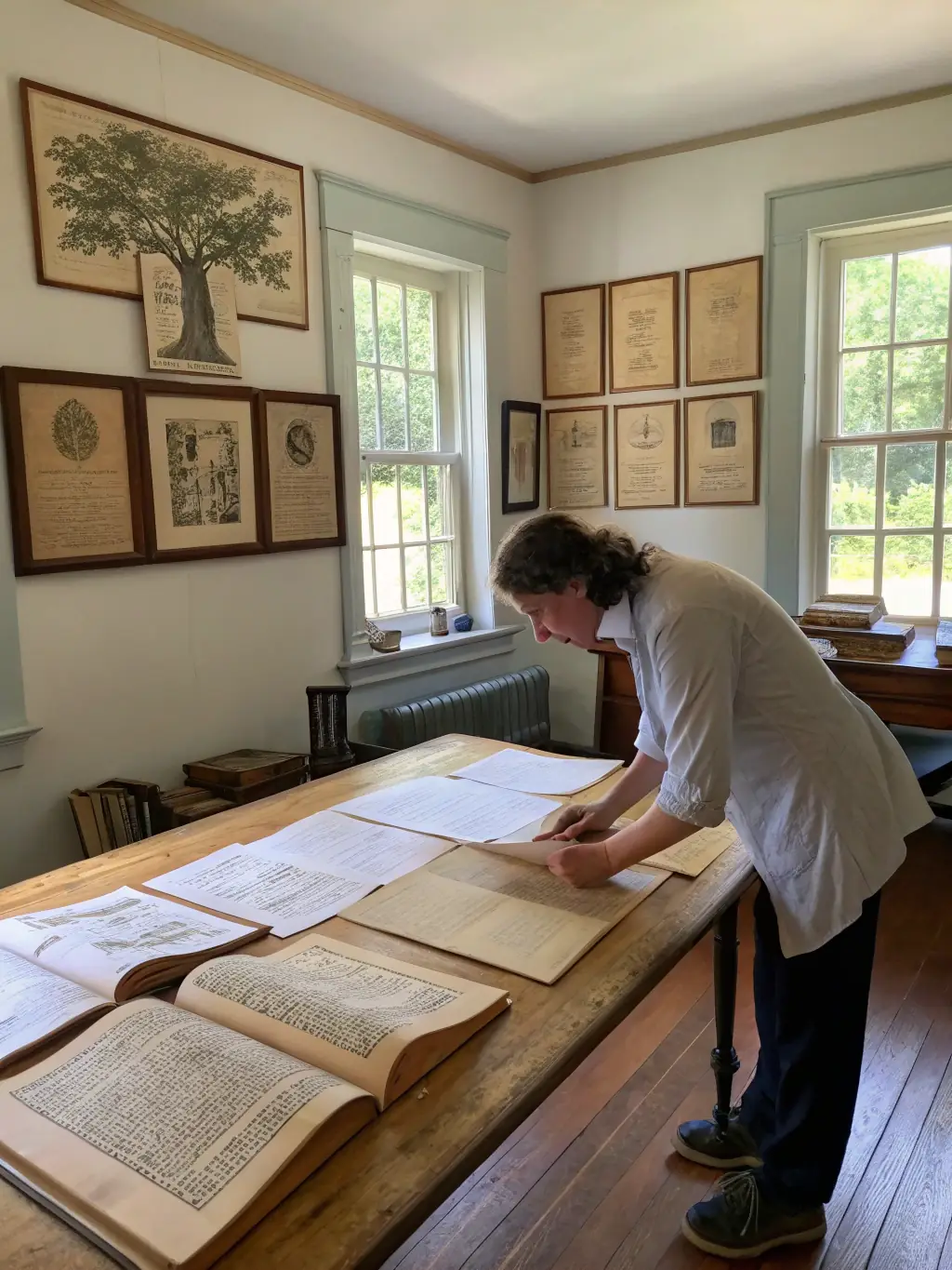 Researchers examining historical documents and architectural plans in a well-lit study room of the château, with archival materials on the table.